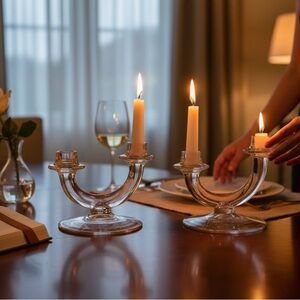 Vintage 1950 Clear Lead Crystal Glass U-shaped Candle Holders Set Of 2